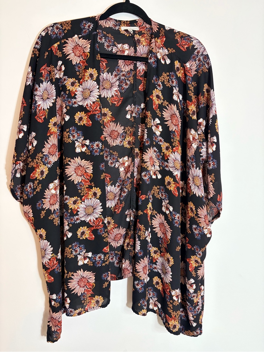 Maurices Black Floral Open-Front Kimono with Pink & Gold Blooms